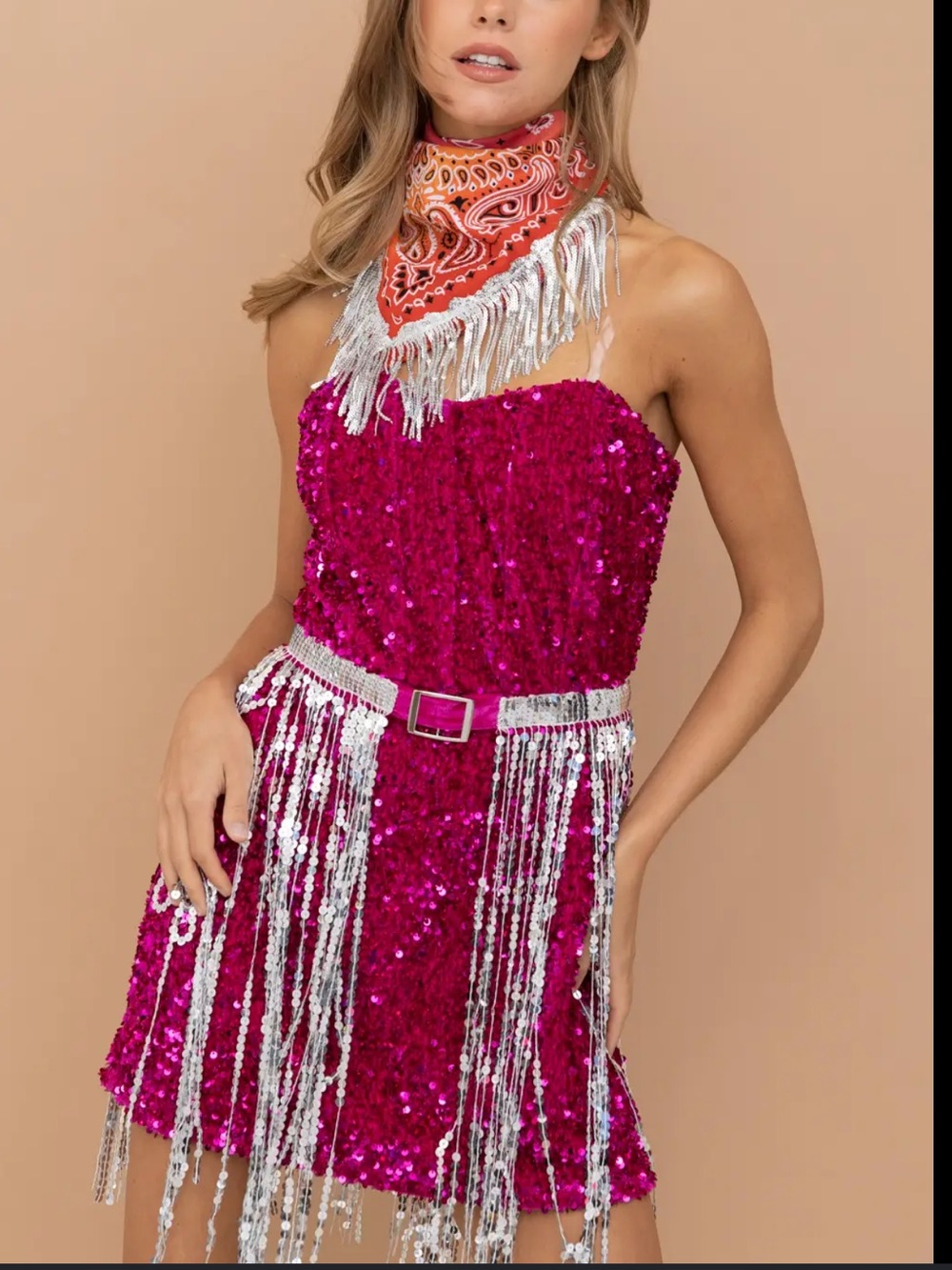 Blue B Women’s Large Sequin Fringe Hot Pink Silver Western Mini Dress